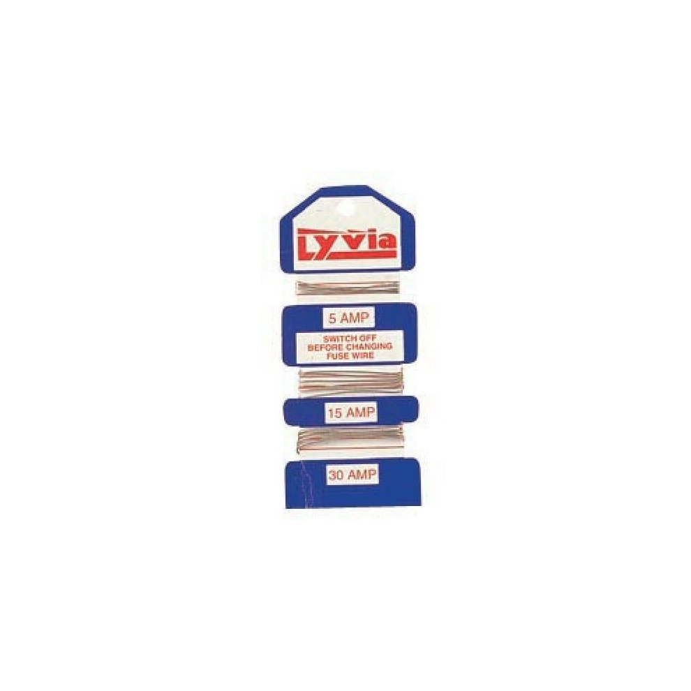 Assorted consumer fuse wire card featuring three sections labeled 5 Amp, 15 Amp, and 30 Amp, with a blue and white packaging design.