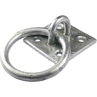 Galvanised steel ring with square base plate, four mounting holes, and a welded loop for secure attachment.