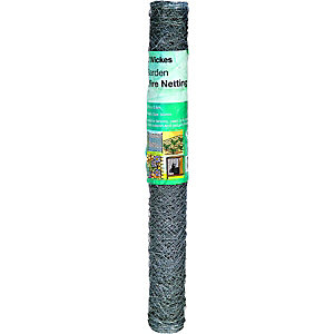 Galvanised wire netting roll in grey, measuring 600mm x 10m, featuring a sturdy mesh design, packaged with a green label detailing product information.