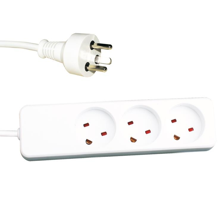White power extension cord with three AC outlets, featuring red safety shutters, and a white plug with three prongs, measuring 5 meters in length.