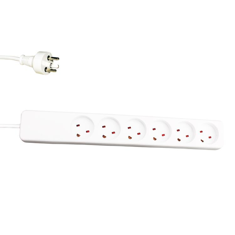 White power extension cord with six AC outlets, featuring a 3-meter length and a plug on one end, designed for indoor use.