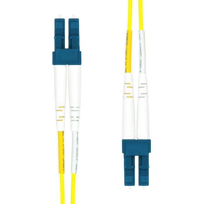 Yellow fiber optic cable with blue connectors, featuring white sections with yellow stripes, designed for high-speed data transmission.