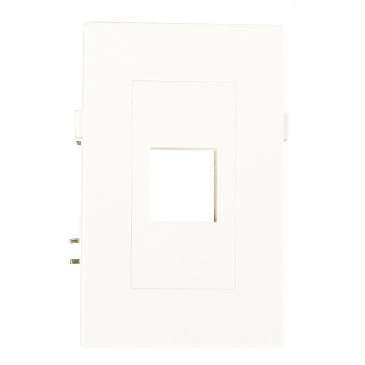 White plastic Garbot Keystone Module, featuring a rectangular opening in the center and side clips for easy installation, designed for networking applications.