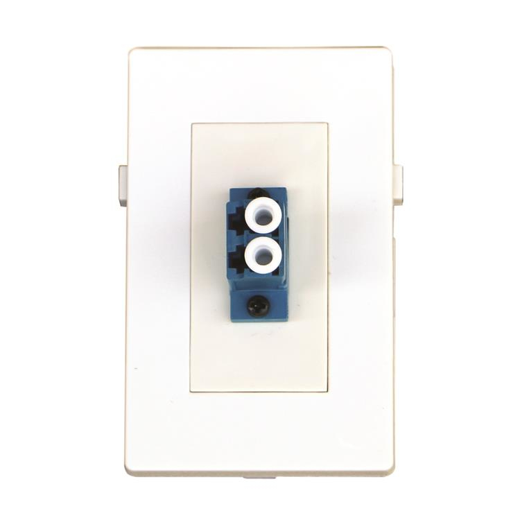 White wall plate featuring a blue fiber optic connector with two female ports, designed for easy installation and connectivity.