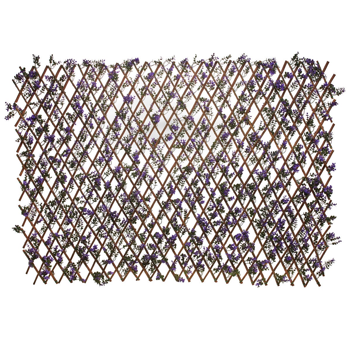 Expandable artificial trellis featuring a wooden lattice design adorned with vibrant purple lavender flowers, ideal for garden decoration and privacy enhancement.