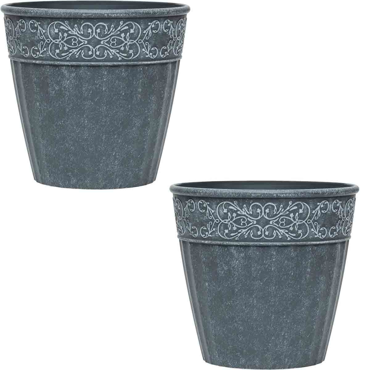Grey damask lead effect planter set, 28cm in size, featuring intricate silver detailing along the rim, made from durable material suitable for outdoor use.