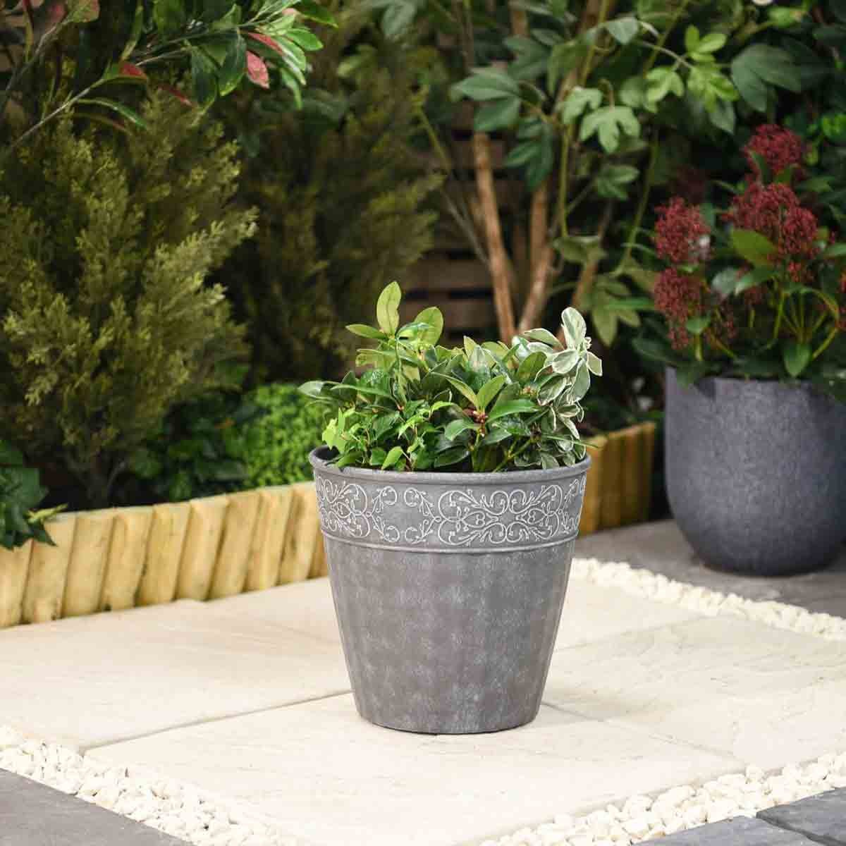 Gray damask lead effect planter, 28cm in diameter, featuring intricate floral designs, filled with green foliage, set against a natural garden backdrop.