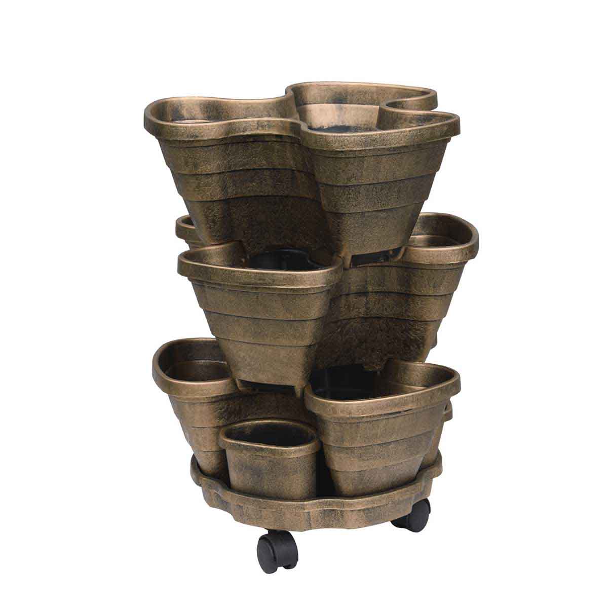 Bronze and brown tiered planter with five stacked pots, made of durable material, featuring a wheeled base for easy mobility.