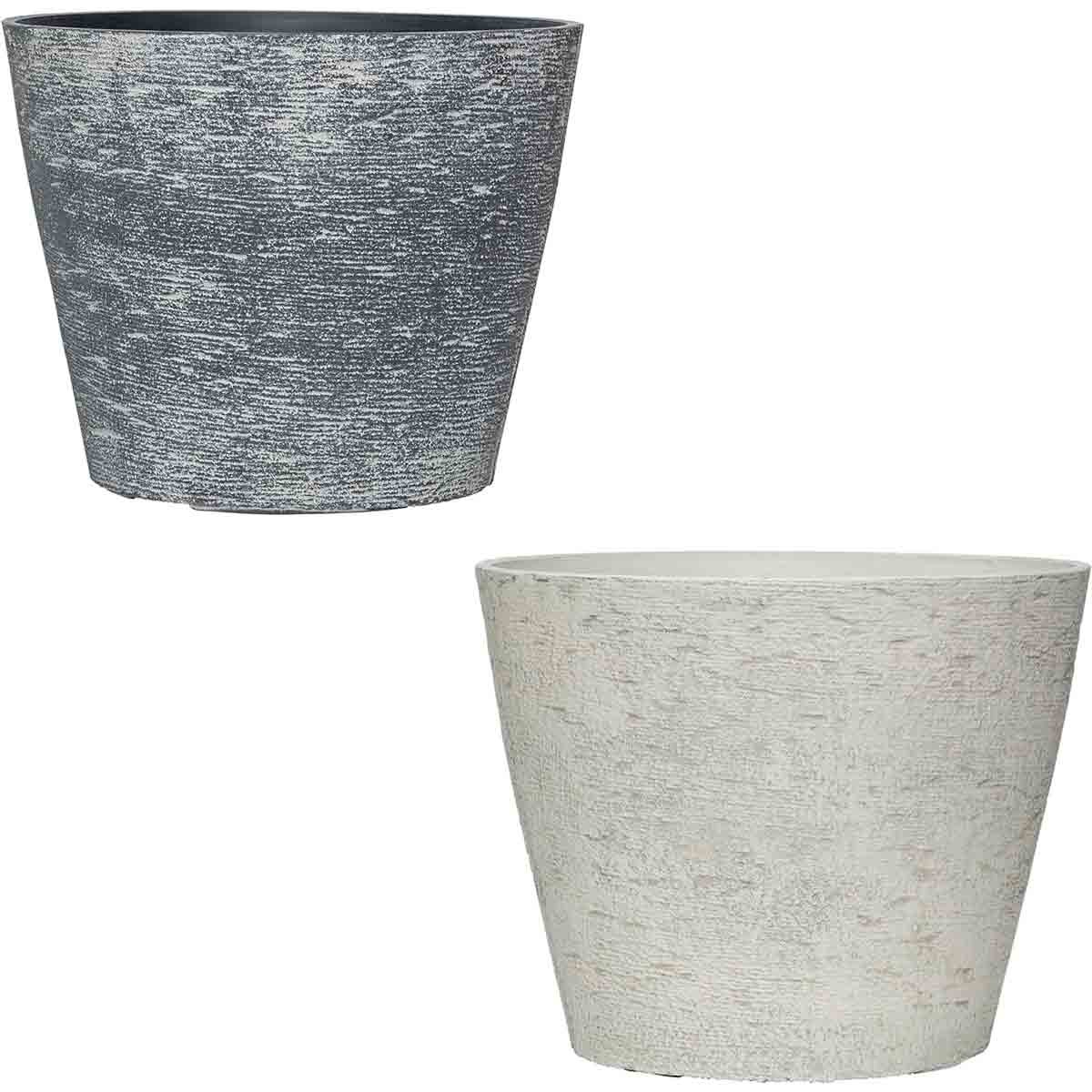 Set of two planters featuring a stone effect finish, one in grey and the other in lily white, each measuring 36.5 cm in diameter, ideal for garden or indoor use.