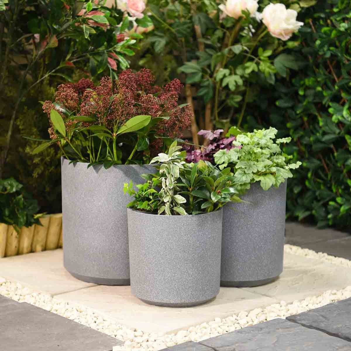 Three grey cylinder planters made of textured material, varying in size, filled with vibrant green and purple plants, set on a stone surface surrounded by greenery.