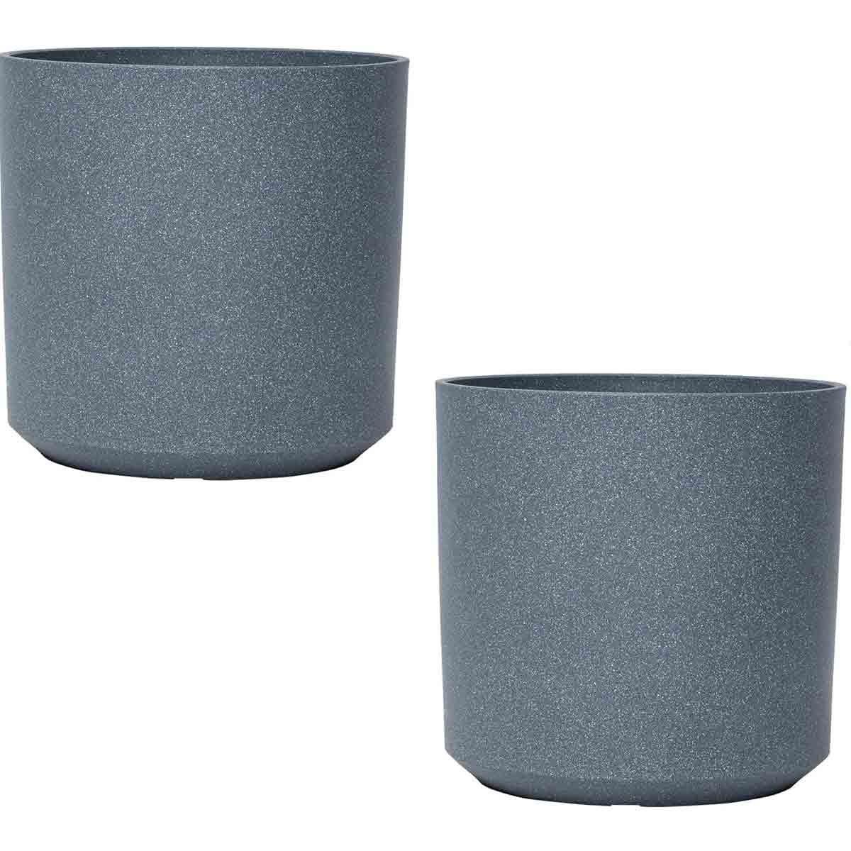 Two 31cm grey cylinder planters made of textured plastic, featuring a modern design and a matte finish, ideal for indoor or outdoor plants.