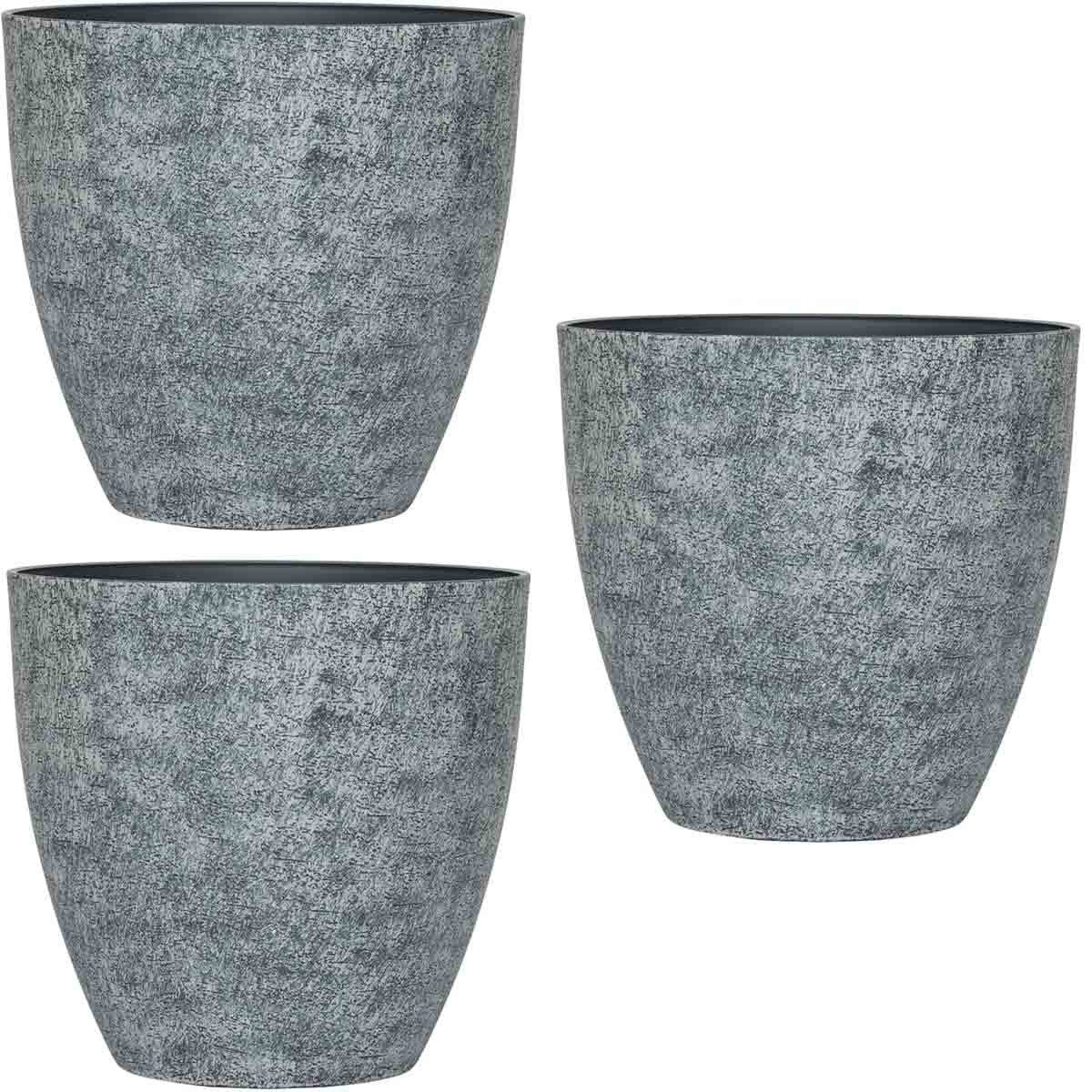 Three stone effect grey planters, each 28 cm tall, featuring a textured surface and a smooth rim, perfect for indoor or outdoor gardening.
