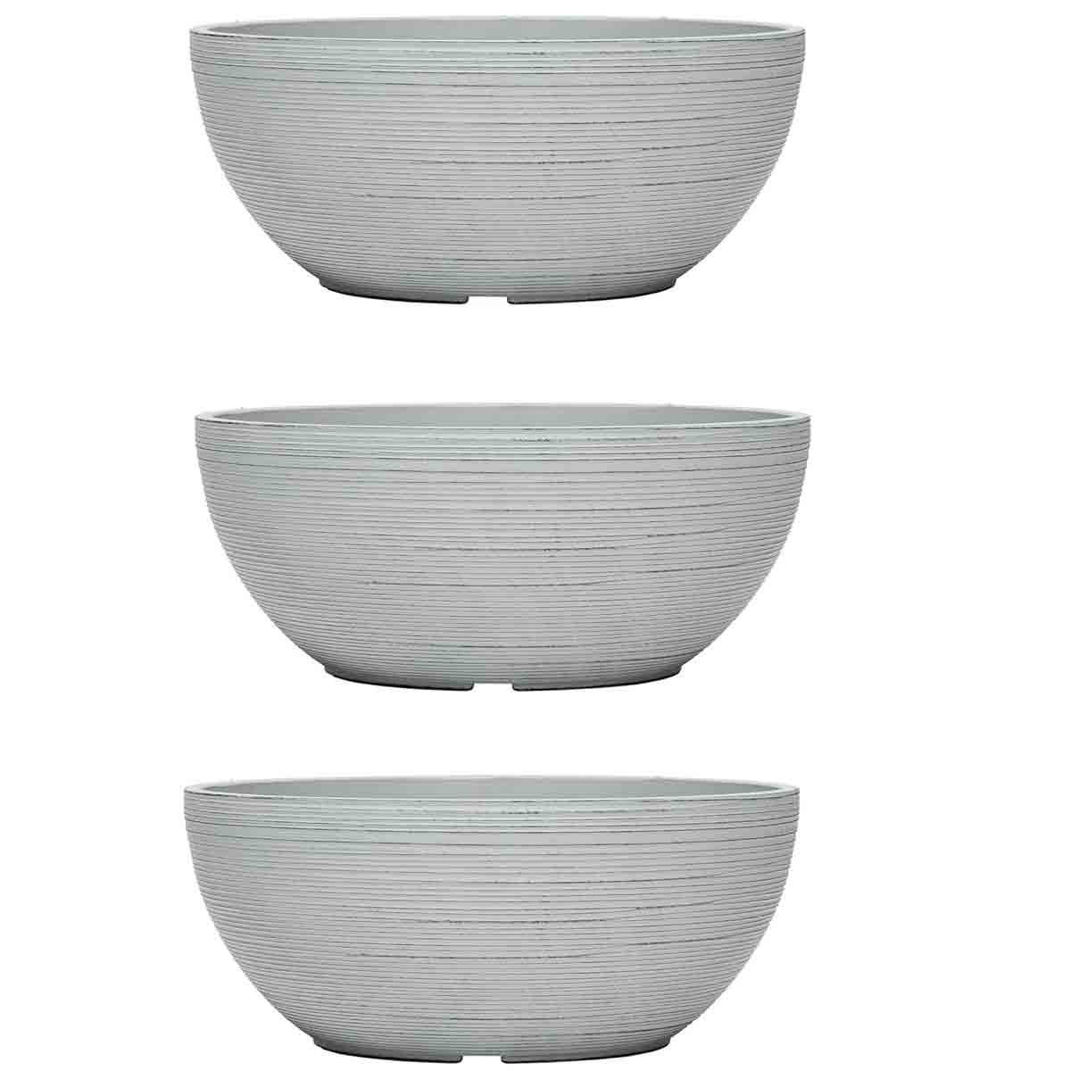 Light grey, ribbed ceramic planter bowls, set of three, each 35 cm in diameter, featuring a smooth finish and rounded shape, ideal for indoor or outdoor use.