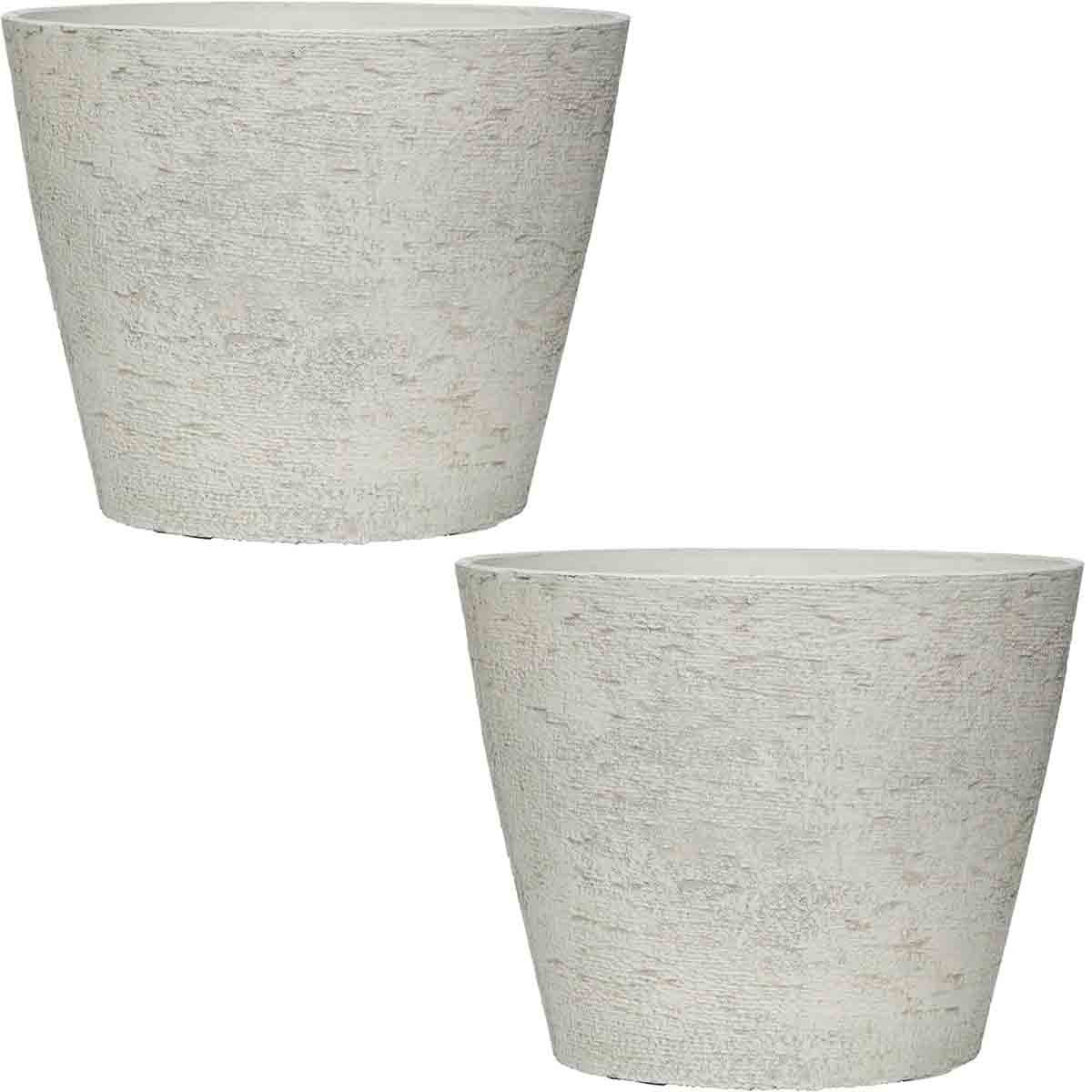 Two stone effect planters in a light grey color, featuring a textured surface, each measuring 36.5 cm in diameter, ideal for garden or indoor use.