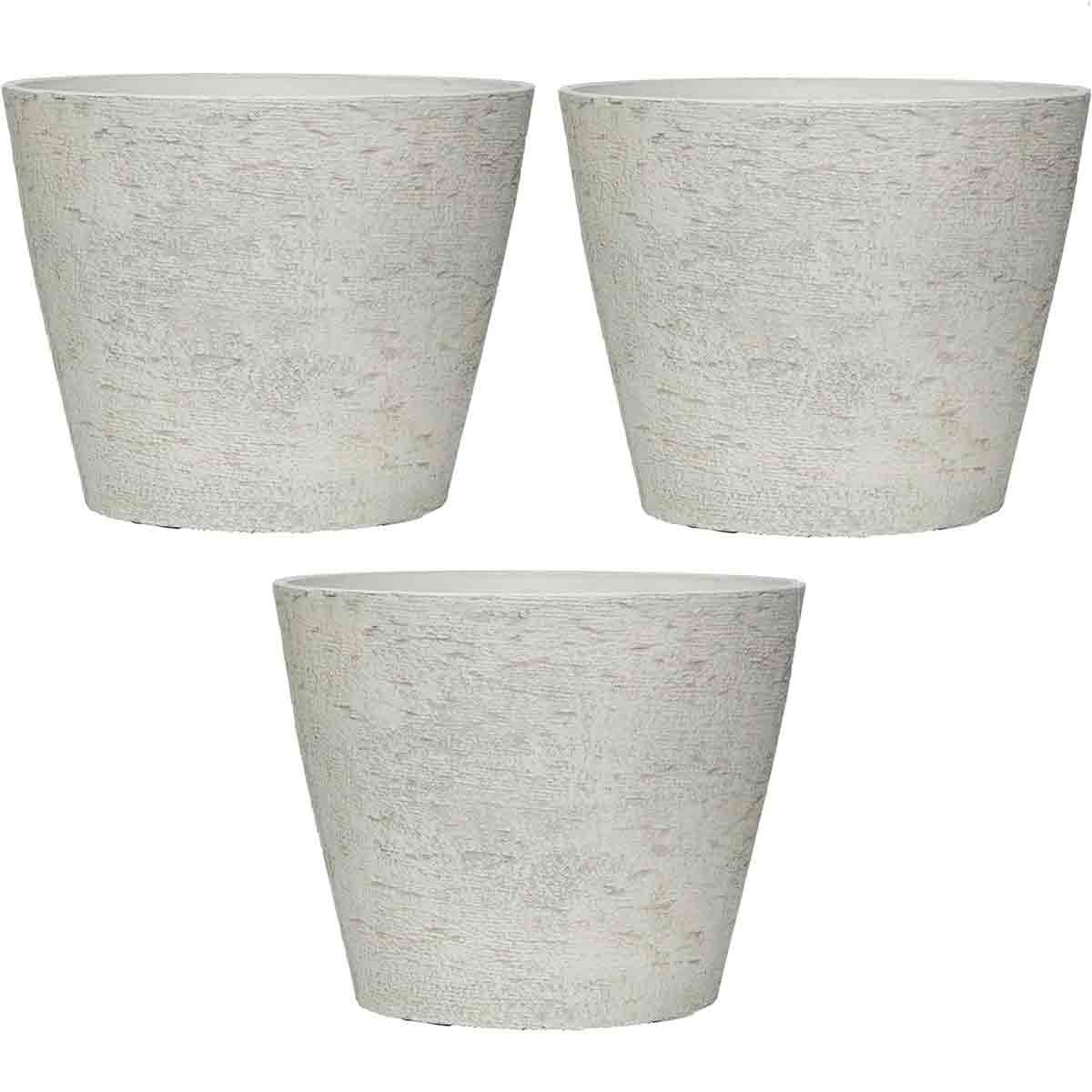 Three stone effect planters in a soft white-grey color, featuring a textured surface, each measuring 36.5 cm in height, perfect for garden or indoor use.