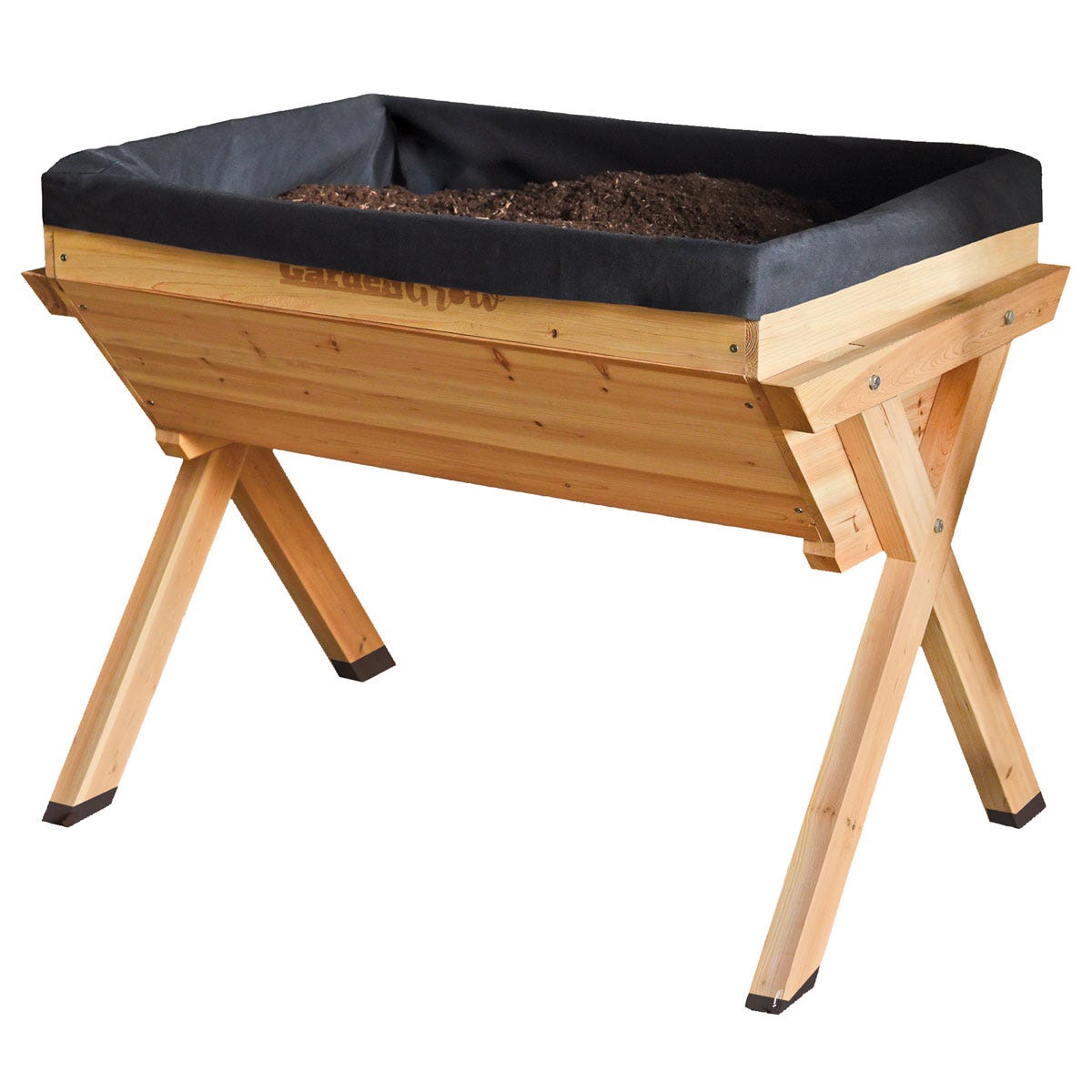 Large brown wooden raised planter with a black fabric liner, featuring sturdy angled legs for stability and a spacious planting area.