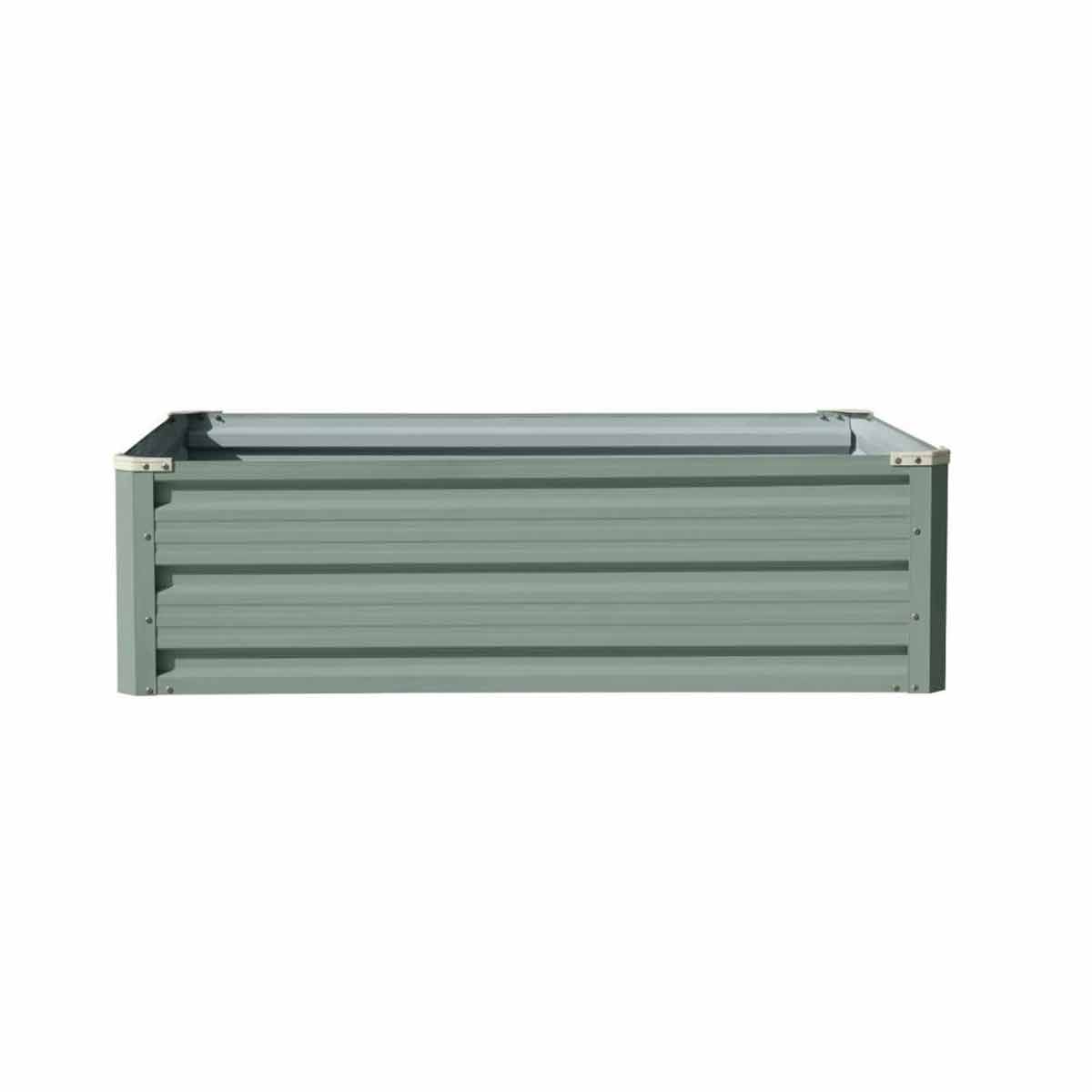 Metal raised garden bed in sage green, measuring 120cm x 90cm, featuring a sturdy design with horizontal slats and reinforced corners for durability.