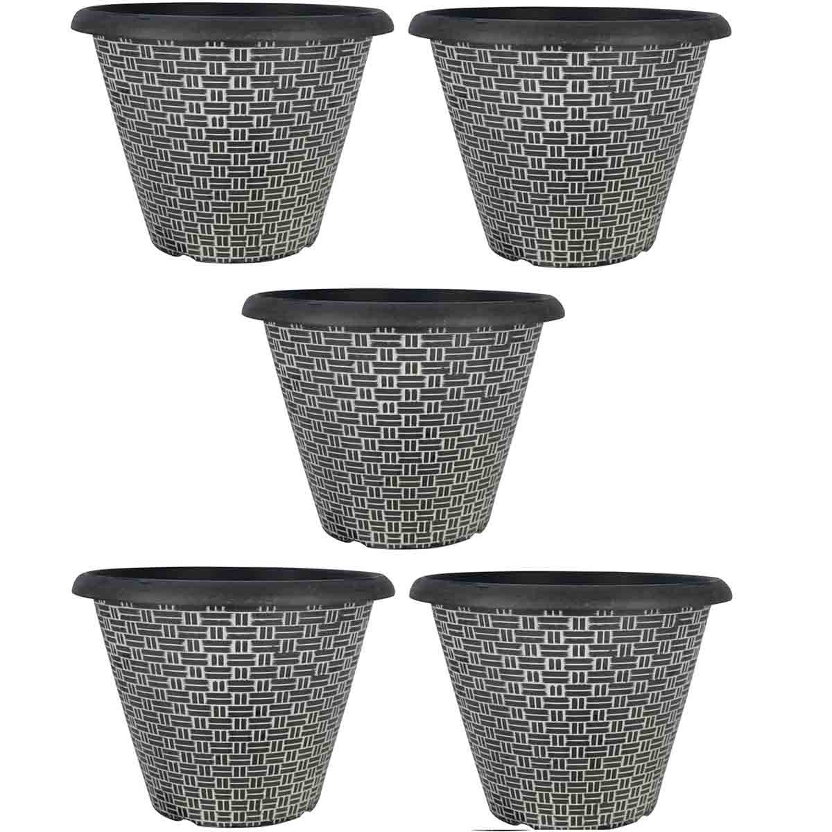 Set of five grey 30.5 cm planters featuring a woven effect design, made from durable material with a black rim.