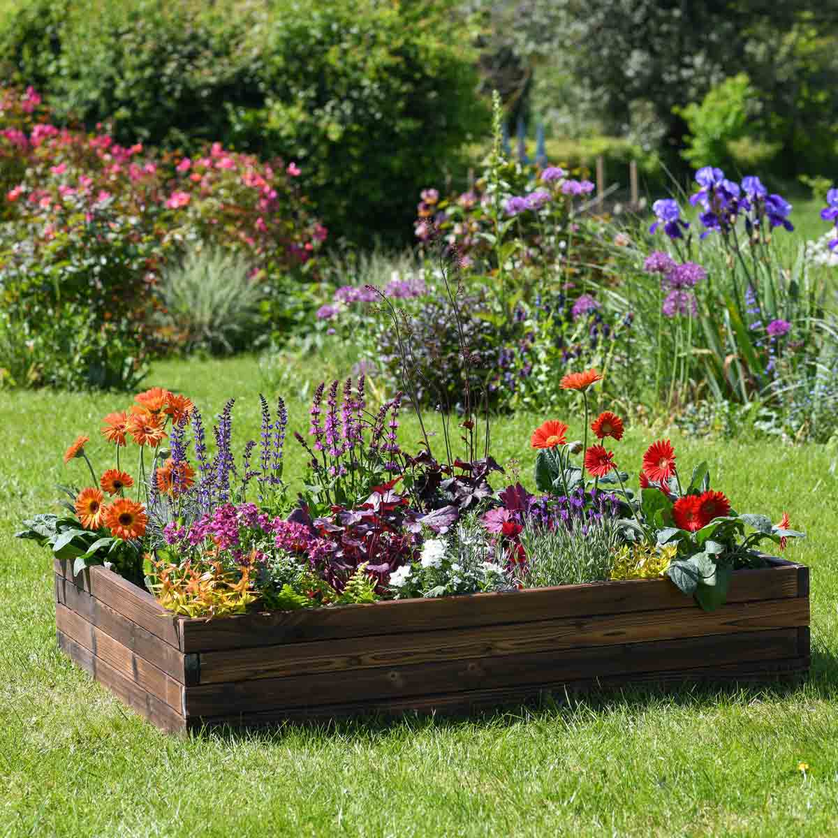 Wooden raised garden bed in brown, measuring 110x90cm, filled with vibrant flowers including orange gerberas, purple salvia, and various green plants, set in a lush garden.