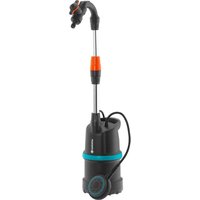Gardena 4000/1 submersible water pump, black with blue accents, long handle, and orange nozzle attachment.