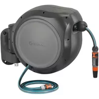 Wall-mounted Gardena garden hose reel, manual, blue and grey, with a coiled hose and orange nozzle by Husqvarna.