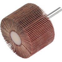 Brown Garryson abrasive flap wheel with cylindrical shape and metal shank.