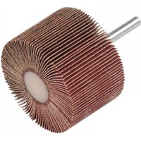 Garryson coarse flap wheel 60x40mm with brown abrasive flaps and metal shaft attachment.