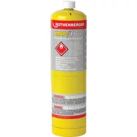 Yellow Rothenberger Map-Pro gas cylinder, 399.7g, with red hazard label and gray information band.