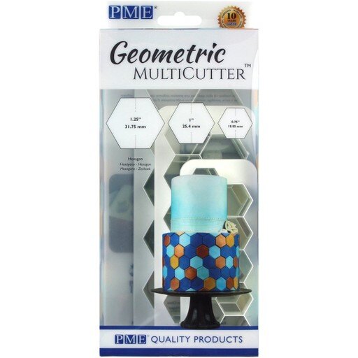Set of 3 white geometric multi-cutters in hexagon shapes, designed for cake decoration, featuring sizes of 1.25", 1", and 0.63" for precise cutting.