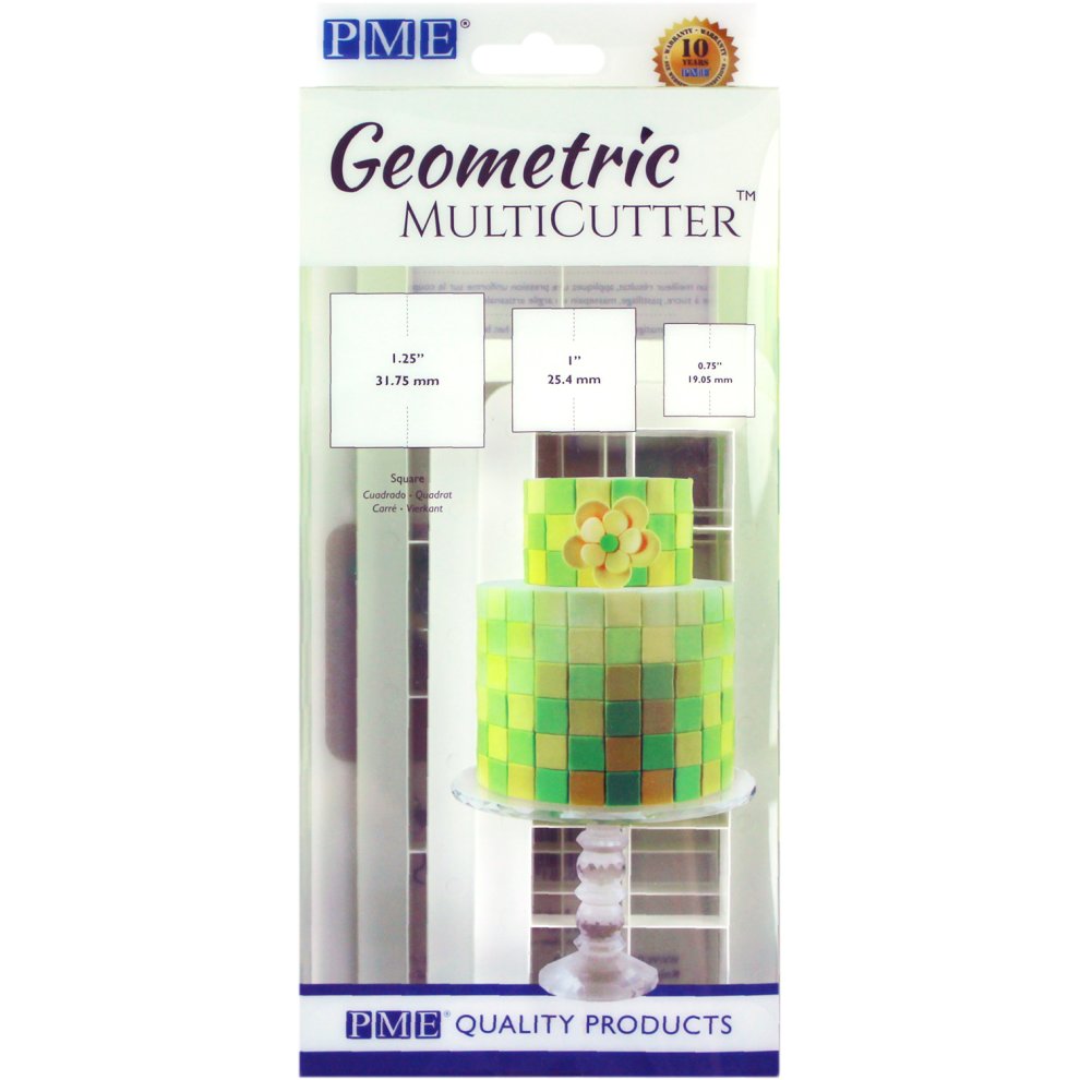 Green and yellow geometric square multicutter set by PME, featuring three cutters in various sizes, designed for cake and fondant decoration, displayed in a clear packaging.