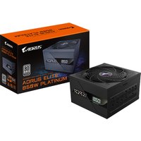 GIGABYTE AORUS ELITE P850W Power Supply, black with fan grill, PCIe 5.0, 80 PLUS Platinum, next to orange box.