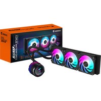 GIGABYTE AORUS WATERFORCE X II 360 AIO cooler with 3 ARGB fans, full-color LCD, black radiator, and magnetic mechanism.