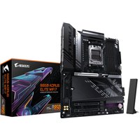 GIGABYTE B850 AORUS ELITE WIFI7 motherboard with black heatsinks, silver CPU socket, and RGB accents.