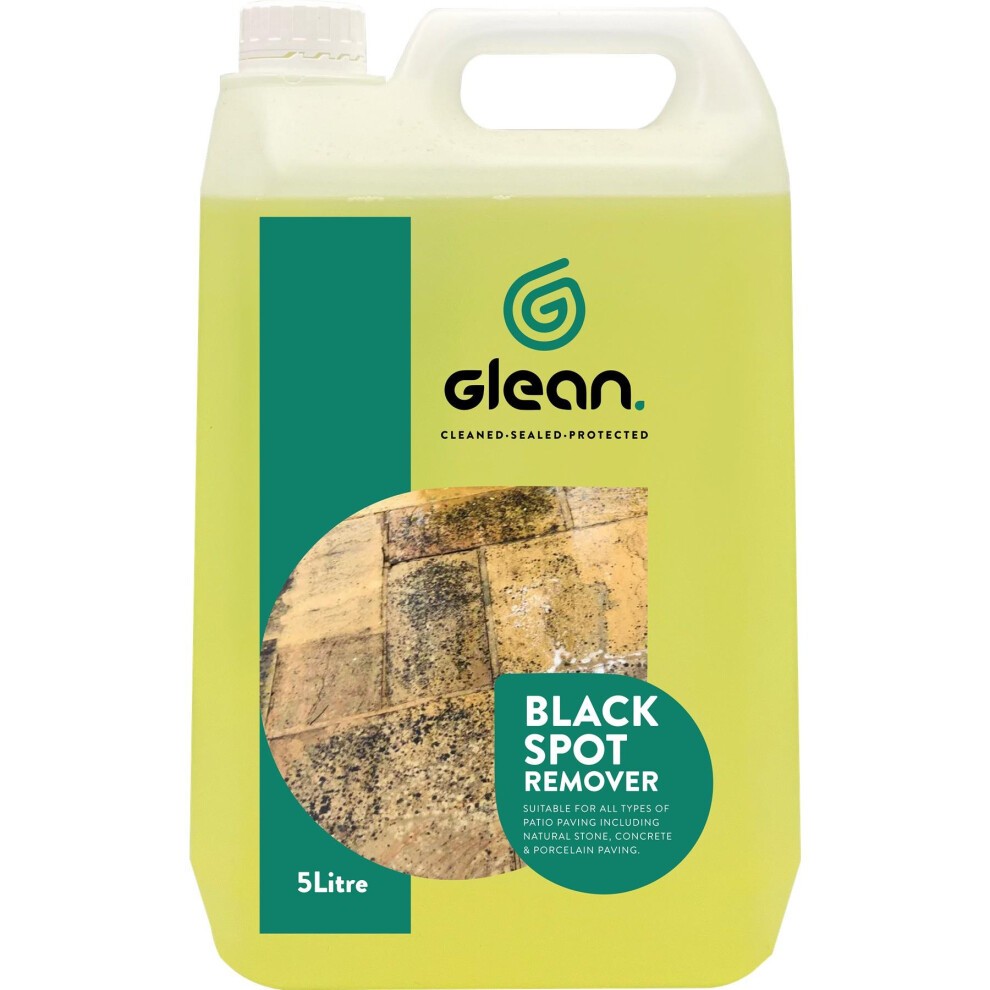 Glean Black Spot & Algae Remover in a 5-liter yellow plastic container, featuring a green logo, and labeled with "BLACK SPOT REMOVER" for patio cleaning.