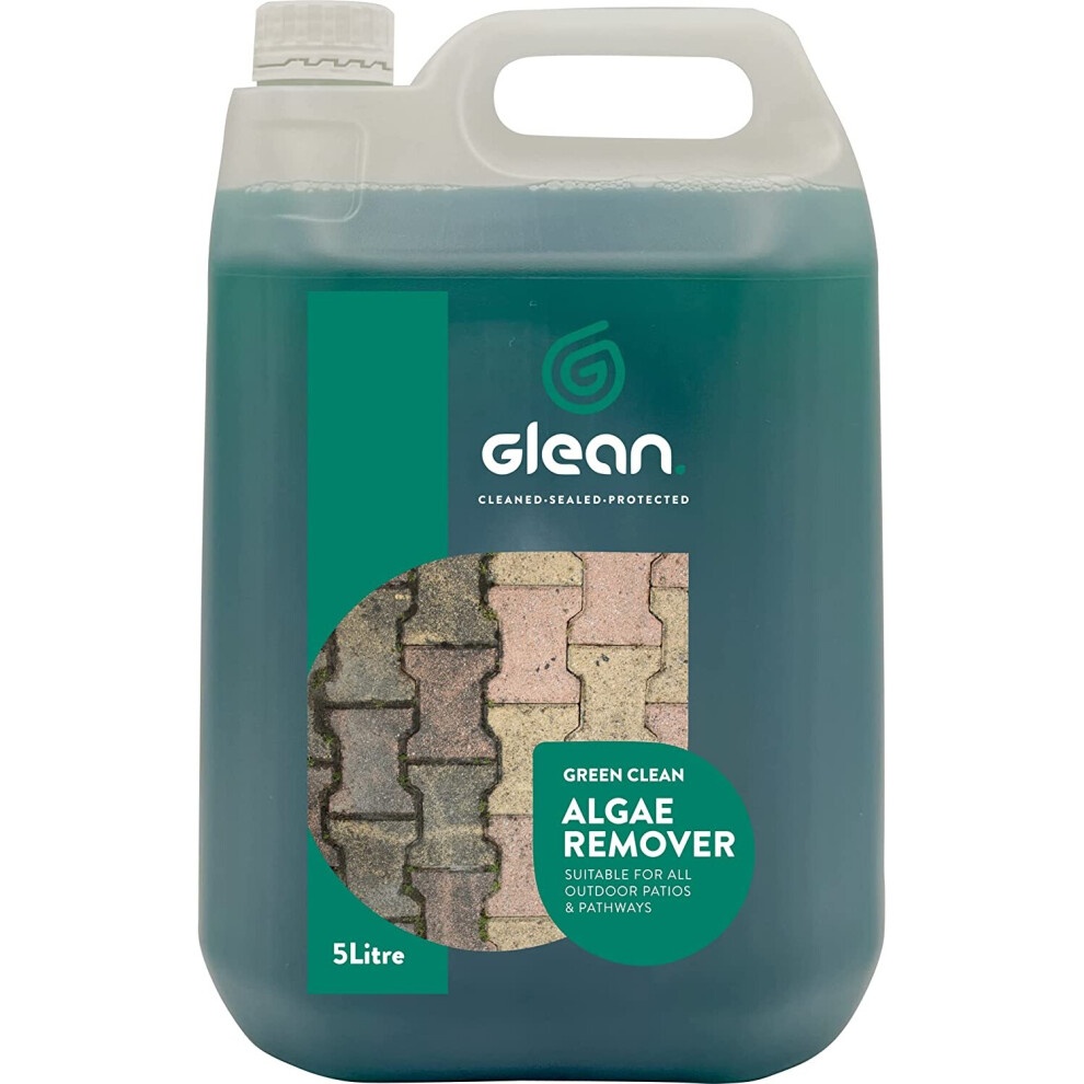 Green liquid in a 5-liter jug with a handle, featuring a green label that reads "GLEAN Green Clean - Algae Remover" and an image of stone pathways on the front.