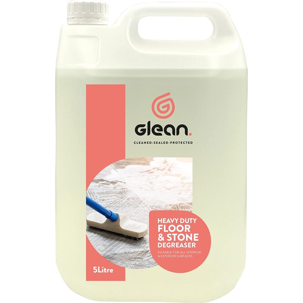 5-litre container of GLEAN Heavy Duty Floor & Stone Degreaser, featuring a white plastic jug with a handle, a pink and grey label, and a blue cleaning tool on the label.