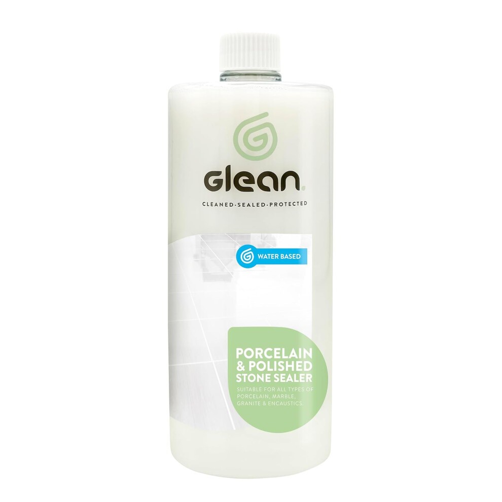 Clear plastic bottle of Glean Patio Sealer, labeled for porcelain and polished stone, featuring a green logo and a water-based symbol, with a capacity of 1 litre.