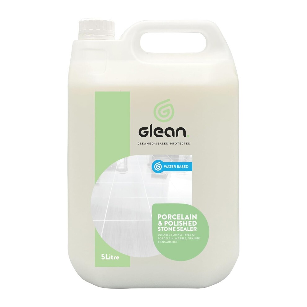 5-liter container of Glean Patio Sealer in a white plastic jug, featuring a green logo and label indicating it's water-based, designed for porcelain and polished stone surfaces.