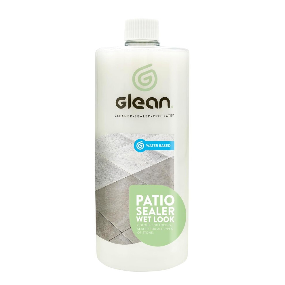 Clear plastic bottle of Glean Patio Sealer, 1 litre, featuring a green label with "Wet Look Colour Enhancing," showcasing a water-based formula for stone surfaces.