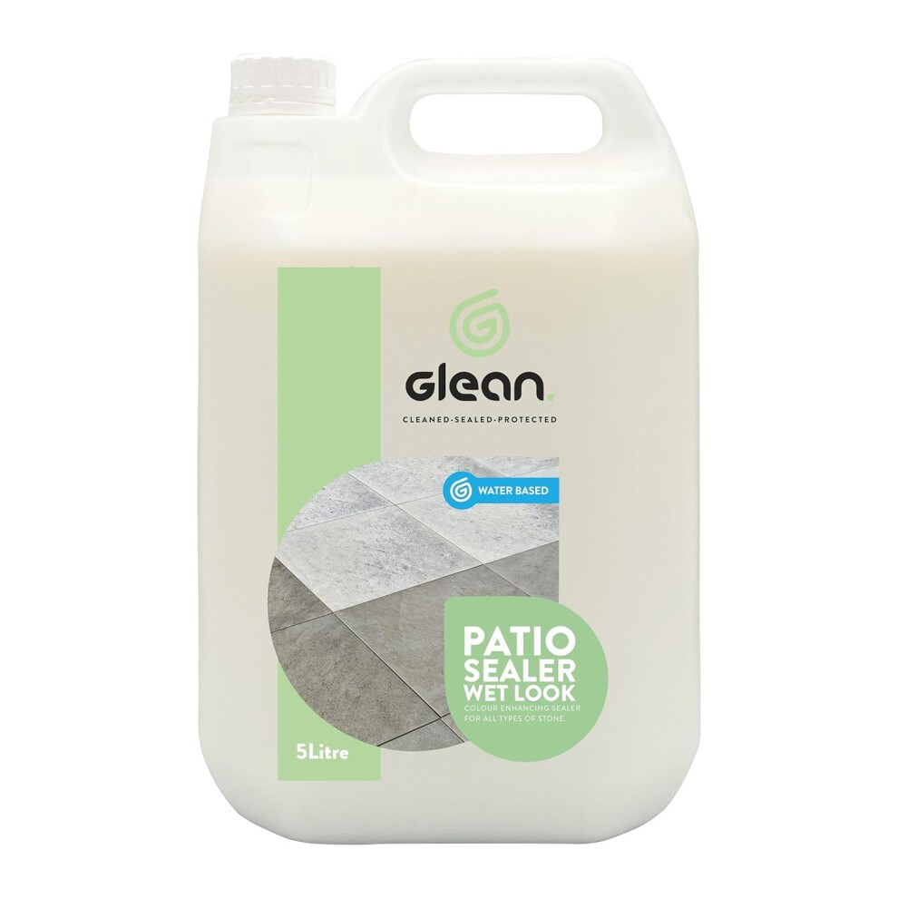 Glean Patio Sealer in a 5-litre white plastic container with a green label, featuring "Wet Look Colour Enhancing" and water-based details, ideal for patio surface protection.