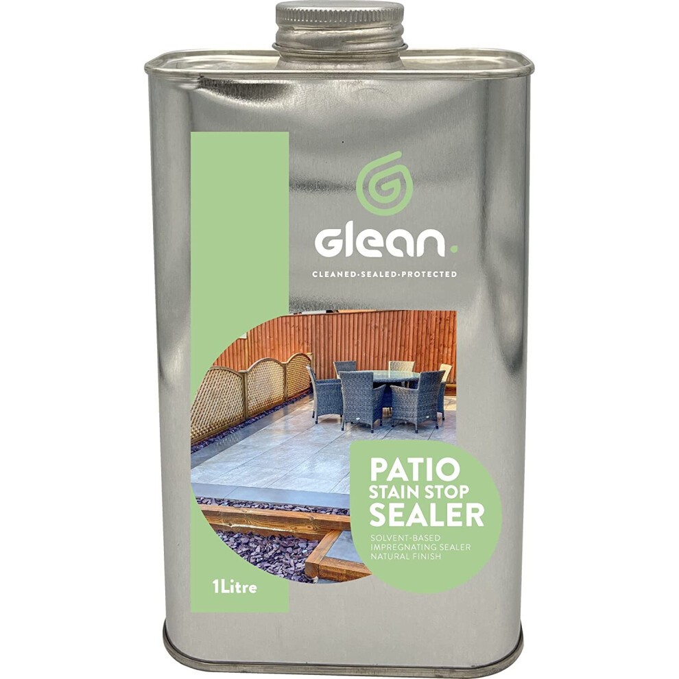 Glean Patio Sealer in a 1-litre metallic canister, featuring a green logo, clear label, and an image of a patio with a table and chairs, designed for solvent-based sealing.