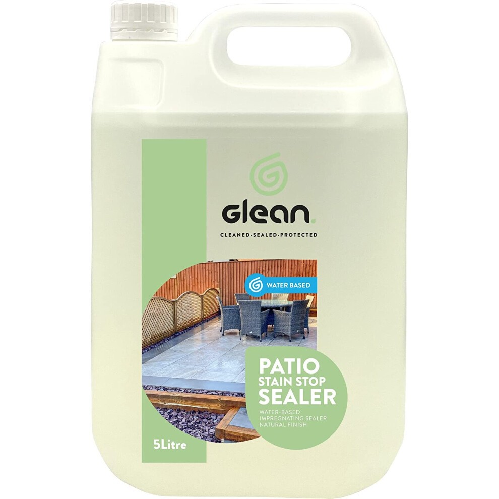 Glean Patio Sealer in a 5-litre container, featuring a light green label with a water droplet icon, designed for water-based protection of outdoor surfaces.
