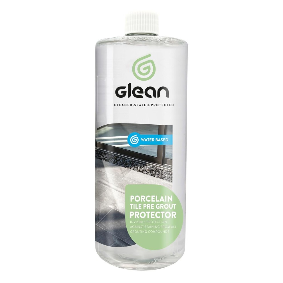 Clear plastic bottle of Glean Porcelain Tile Pre-grout Protector, 1 litre, featuring a green logo, water-based label, and highlighting protection against staining from grouting compounds.