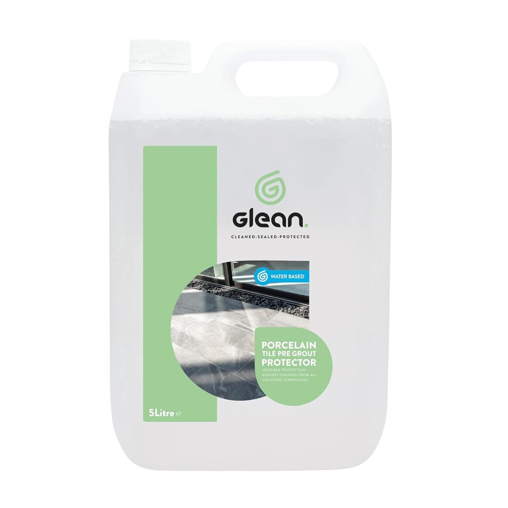 Clear plastic container of Glean Porcelain Tile Pre-grout Protector, 5 litres, featuring a green label with the Glean logo and a water-based symbol, designed for tile protection.