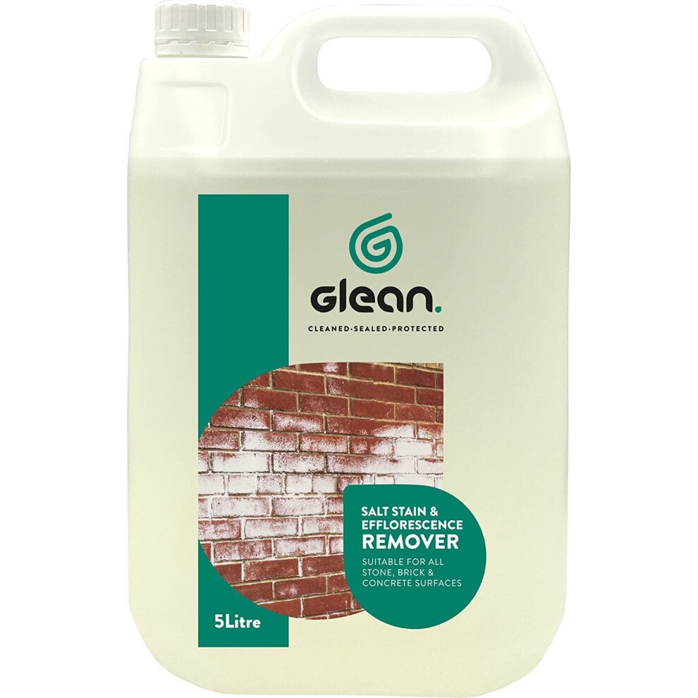 5-litre container of GLEAN Salt Stain & Efflorescence Remover, featuring a white body with a green label, designed for use on stone, brick, and concrete surfaces.