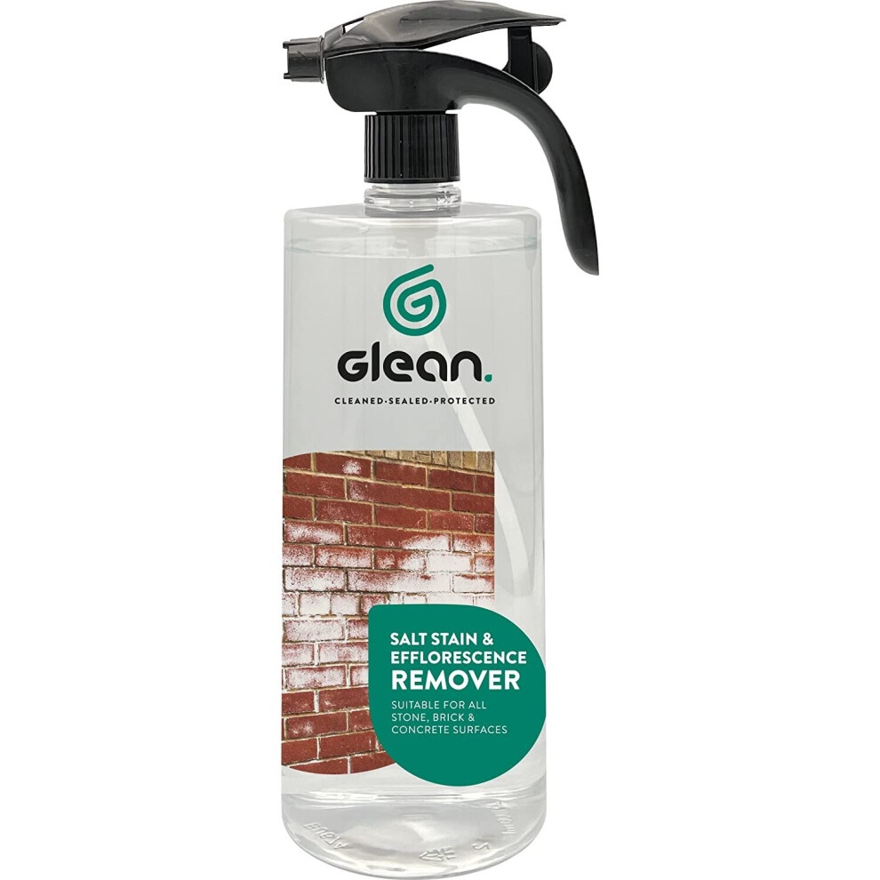 Clear spray bottle with a black trigger top, labeled "GLEAN Salt Stain & Efflorescence Remover," featuring a green circular logo and a brick texture on the front.