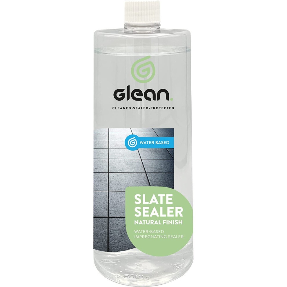 Clear plastic bottle of GLEAN Slate Sealer, 1 litre, featuring a green label with "Slate Sealer" and "Water Based" text, showcasing a natural finish for slate surfaces.