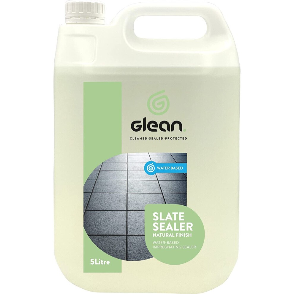 5-litre container of GLEAN Slate Sealer, featuring a light green label with a natural finish indication, showcasing a slate surface and marked as water-based.