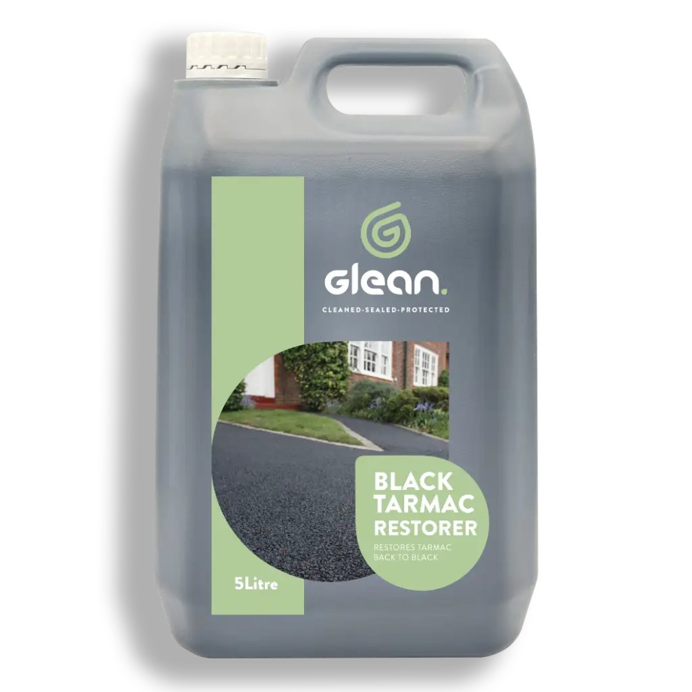 Glean Tarmac Restorer Paint in a 5-liter gray plastic container, featuring a green label with the text "BLACK TARMAC RESTORER" and the Glean logo.