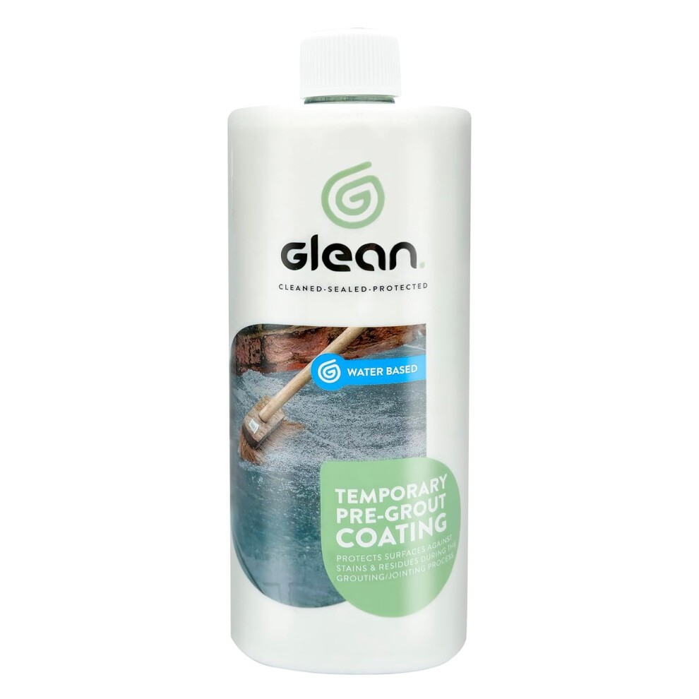 White plastic bottle with a green label, featuring the Glean logo, labeled "Temporary Pre-Grout Coating - 1l," and a water-based symbol, designed for surface protection before grouting.